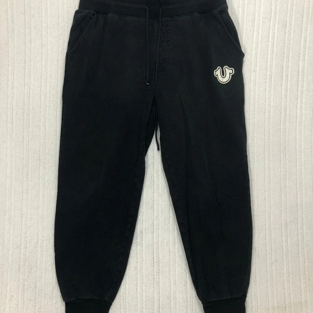 True Religion Mens Black Horseshoe Logo Jogger Sweatpants Drawstring Waist L